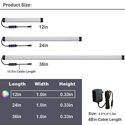 Dimmable Under Cabinet Lighting, RGB LED Light Bar, RF Remote Control Lamp, Multicolor Under Counter Lights for Desk, Room, Cupboard, Hallway, Shelf, Closet (12 Inch) - size: 12 Inch