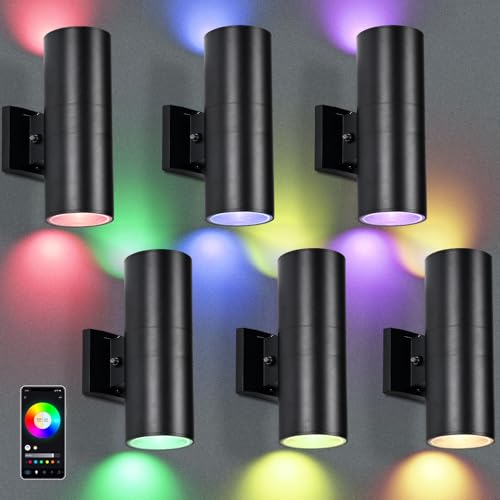 RGBCW Outdoor Wall Light 6 Pack, Smart Porch Light Dusk to Dawn Lighting with Remote Control, WiFi Outdoor Wall Sconce, Compatible with Alexa, Exterior Lights for House Porch Garage - color: Black-Cylinder 1, size: 6 Pack