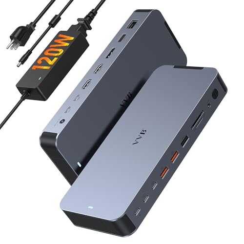 USB C Docking Station Dual Monitors Type C Hub Multiple Adapter Dongle for Dell HP Lenovo Laptop USB C Dock Triple Display with 2 HDMI,DisplayPort 8K,120W Power Supply&30W Charging,10Gbps USB A/C Port - color: Space Gray