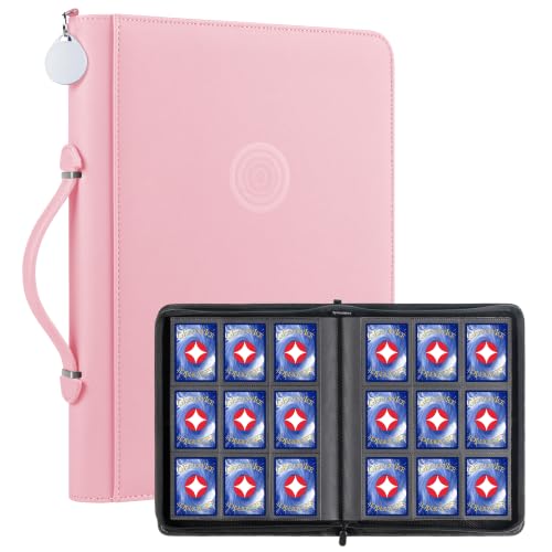 GEAoffice 9 Pocket Trading Card Binder, Holds 576 Cards, Premium PU Zip Card Binder with Handle, Side-Loading Pockets, Fits TCG, MTG, Sports Cards & Sleeved Cards (Pink) - color: Pink