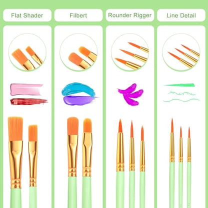 ESRICH Paint Brushes Set,16 Packs 160 Pcs Acrylic Paint Brush Set,Acrylic Oil Watercolor, Face Nail Art, Miniature Detailing,Rock Painting,Painting Artist Professional Kits(Green) - color: Green, size: 160