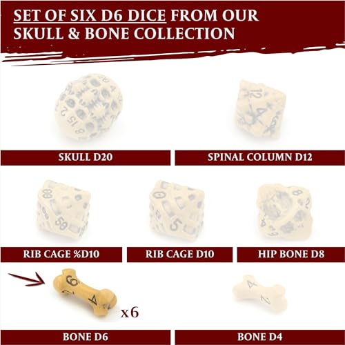 D6 Dice Set - Set of Six 6 Sided Dice - Skull & Bone Themed RPG Dice. Cool & Unique Gift and Compatible with Dungeons & Dragons (DND), D&D, Pathfinder, D and D. (Ancient Bone Yellow) - color: Ancient Bone Yellow, style: Six D6
