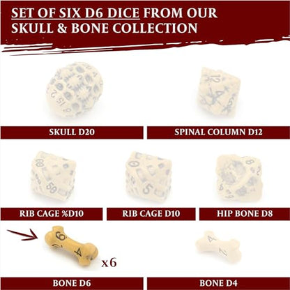 D6 Dice Set - Set of Six 6 Sided Dice - Skull & Bone Themed RPG Dice. Cool & Unique Gift and Compatible with Dungeons & Dragons (DND), D&D, Pathfinder, D and D. (Ancient Bone Yellow) - color: Ancient Bone Yellow, style: Six D6