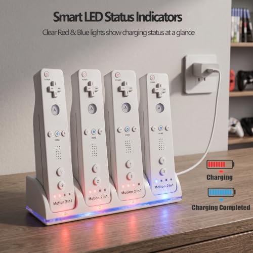 4-in-1 Charging Station for Wii&Wii U Remote Controller,Charger with 4 Rechargeable Battery Packs (4 Port Charging Station+4 pcs 2800mAh Replacement Batteries+USB Cable),Remote Not Included