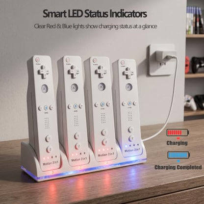 4-in-1 Charging Station for Wii&Wii U Remote Controller,Charger with 4 Rechargeable Battery Packs (4 Port Charging Station+4 pcs 2800mAh Replacement Batteries+USB Cable),Remote Not Included