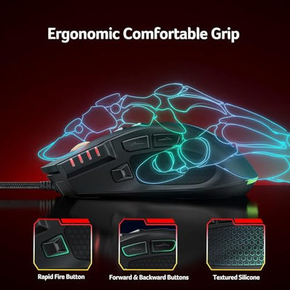 Acer Wired Gaming Mouse, 12,800 DPI RGB Ergonomic Computer Mouse for PC | Optical Sensor, 12 Backlit Modes, 8 Programmable Buttons, Software for DIY Keybinds, Rapid Fire, USB Mouse for Laptop