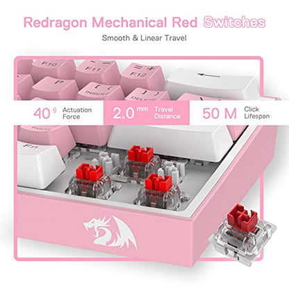 Redragon K617 Fizz 60% Wired RGB Gaming Keyboard, 61 Keys Hot-Swap Compact Mechanical Keyboard w/White and Pink Color Keycaps, Linear Red Switch, Pro Driver/Software Supported - color: Pink
