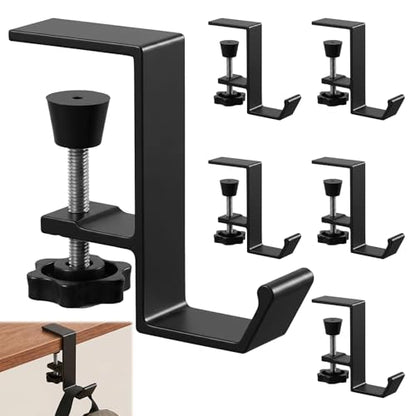 6pcs Under Desk Hook Clamp, Under Desk Mount Bag Holder Hook Clamp, Black Aluminum Alloy Bag Holder for Desks, Headphone Hanger Backpack Hooks with Adjustable Arm Clamps for Office School