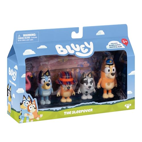 Bluey Figure 4-Pack The Sleepover, Episode-Themed Toys | Includes Bluey, Bingo, Chilli, Muffin & flamingo accessory, moveable arms; kids toys ages 3+ - style: The Sleepover