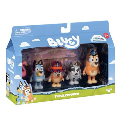 Bluey Figure 4-Pack The Sleepover, Episode-Themed Toys | Includes Bluey, Bingo, Chilli, Muffin & flamingo accessory, moveable arms; kids toys ages 3+ - style: The Sleepover