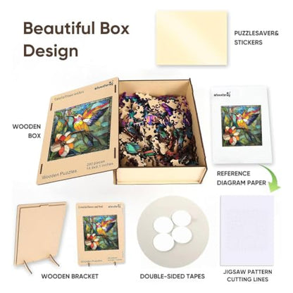 Qiuenisray Wooden Puzzle 200 Piece, Stained Glass Hummingbird Jigsaw Puzzle | Wood Puzzle for Adults Mom Grandmother, FSC Certified Unique Animal Shape Wood Puzzles, Bird Jigsaw Puzzles 11.2x11.2 in - color: Flower Bird, size: 200pcs