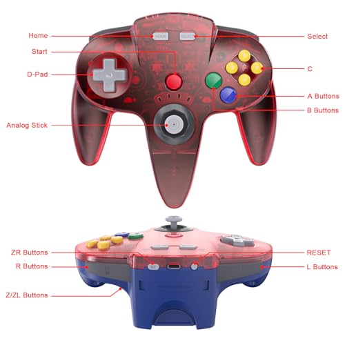 KIWITATA N64 Wireless Controller for Switch Games, 2.4GHZ Rechargeable N64 Remote Joystick Wireless Gamepad Controller Compatible with N64 System, Raspberry Pi, MAC,PC Windows 7,8,10,11 Clear Red - color: Clear red