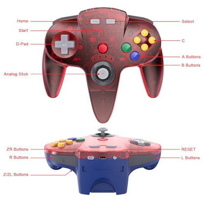 KIWITATA N64 Wireless Controller for Switch Games, 2.4GHZ Rechargeable N64 Remote Joystick Wireless Gamepad Controller Compatible with N64 System, Raspberry Pi, MAC,PC Windows 7,8,10,11 Clear Red - color: Clear red