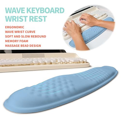 2-in-1 Ergonomic Set, Wave Rise Keyboard Wrist Rest and Massage Bulge Slope Mouse Pad Wrist Support, Cushion Memory Foam Integrated to Relieve Wrist Pain, Lake Blue - color: Lake Blue