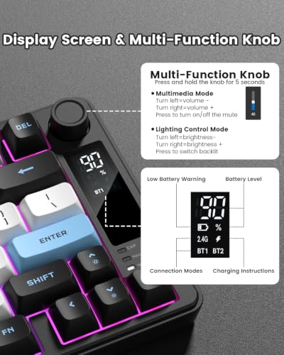 DK75 75% Wireless Gaming Keyboard, RGB Backlit Creamy Keyboard with Media Knob, OLED Screen, Tri-Mode 2.4GHz/USB-C/BT5.0, Anti-Ghosting No-Conflict Silent Membrane Keyboard for MAC Windows - color: Black&Blue