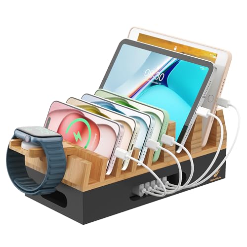 Pezin & Hulin Bamboo Charging Station Organizer for Multiple Devices & Wood Desktop Docking Charging Stand Such As Cell Phone, Tablets, Phone Case and Watch Stand(No USB Charger) (Natural + Black) - color: Natural + Black