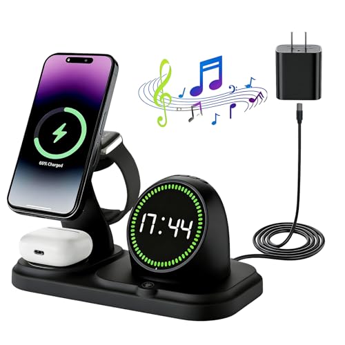 6-in-1 Wireless Charging Station with 30W Fast Adapter, RGB Ambient Light, Digital Clock & Bluetooth Speaker, Multi-Function Desktop Charger for Wireless Charging Phones, Earbuds & Watch - color: Black