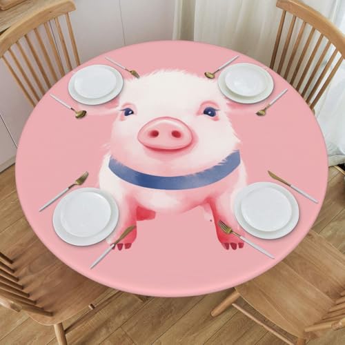 Famame Cute Pink Pig Fitted Round Tablecloth Waterproof Table Cloth with Elastic Edge Wipe Clean Table Covers for Indoor Outdoor Fits 45"-50", Medium - color: Pink Pig