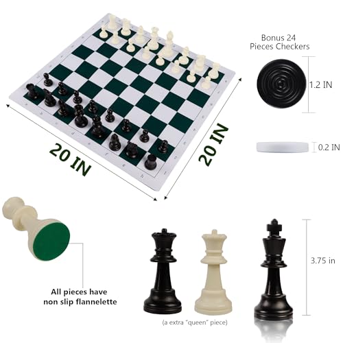 Juegoal 20" Portable Chess & Checkers Set, 2 in 1 Travel Board Games for Kids and Adults, Folding Roll up Chess Game Sets, Extra 26 Checker Pieces, Tournament Thick Mousepad Mat with Storage Bag