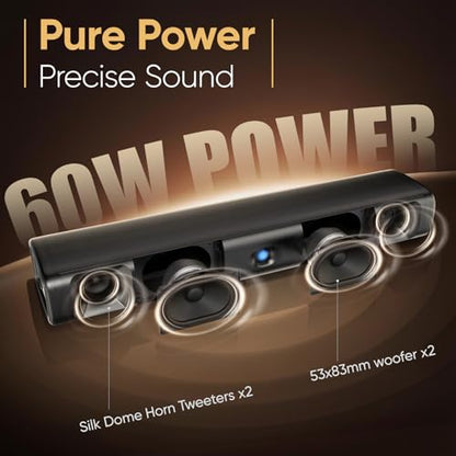 Saiyin 60W Bluetooth Sound Bar for Smart TV, TV-ARC/Optical/AUX | Clear Voice&Dual Bass Drivers, Virtual Surround Sound System, For TV/PC/Gaming/Projectors, 17 inch, Wall Mountable