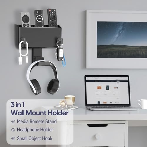 Kytok Adhesive Remote Control Holder Wall Mount with Headset Hanger, 3 in 1 Organizer TV/Fan Remote Caddy with Hook for Headphone, No Drill Controller Storage Bracket, Bed Wall Rack