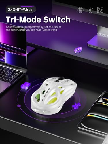FMOUSE Wireless Mouse Tri-Mode 2.4G & Dual Bluetooth & Wired, Hollow RGB, 65g, 4800 DPI, USB-C Rechargeable, Gaming & Office, for Mac Laptop iPad PC – White - color: White