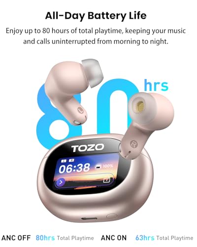 TOZO NC20 Pro Active Noise Cancelling Wireless Earbuds, Smart LCD Screen | LDAC Hi-Res Audio, Stereo Bass, 6 Mics AI Call Ear Buds, 80H Playtime, IPX8 Waterproof, 32 EQ via App, Wireless Charging - color: Rose Gold