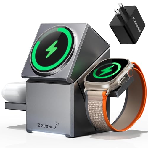 ZEEHOO 3 in 1 Charging Station for Apple, Mag-Safe for iPhone Charger, Qi2 Certified Rotating Wireless Charger Stand for iPhone 17,16,15,14,13,12 Series, Apple Watch, AirPods (USB-C Charger Included) - color: Metal Gray