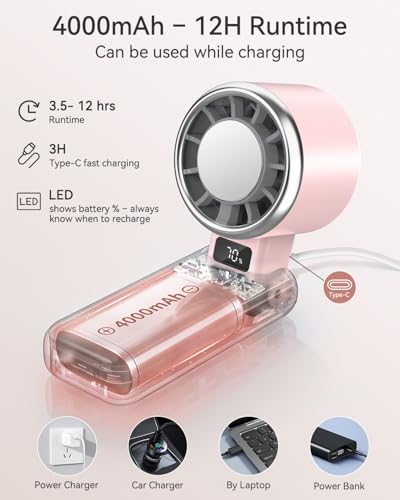 Portable Fan, Handheld Fan, Small Fan with Turbo & Ice Cooling, Hand Fan 5-Speed 4000mAh Rechargeable, 3-in-1 Foldable Personal Travel Fan, Lightweight for Beach Vacation, for Women Girl-Pink - color: Pink