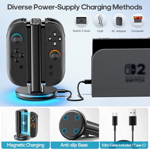 Switch 2 Joycon Charger with 9 RGBs, Switch 2 Controller Charger with Magnetic & Bi-Directional Design, 4 in 1 Joycon 2 Charging Dock Station Stand with Cable for Sega Genesis Console - size: M-Black-Switch 2 Base