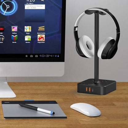COZOO Headphone Stand with USB Charger Desktop Gaming Headset Holder Hanger with 3 USB Charging Station and 2 Outlets Power Strip,Suitable for Gaming, DJ,Wireless Earphone Display, Gamer Gifts for Men | Gaming Headset Stand Holder for Desk, 3 USB(1 USB C)