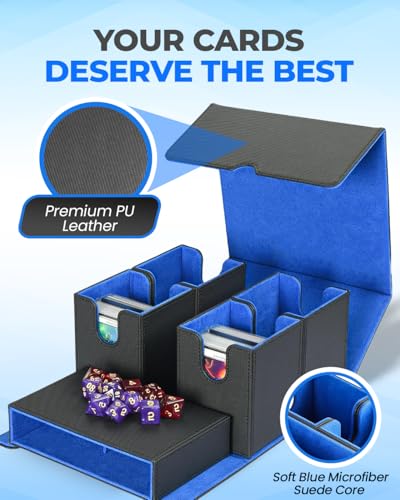 NOVA 5 in 1 MTG Deck Box Commander Case - MTG Deck Box with Secure Magnetic Closure, Dice Tray & Card Dividers - 400+ Double-Sleeved Card Storage, Travel Ready Case [Black and Blue]