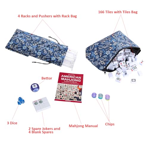 Jongyance American Mahjong Tile Set with Blue Carrying Bag, 166 White Tiles, 4 Rack with Pushers, Mahjong Set with Accessories - color: Blue 02