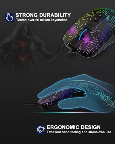 Womier G706 USB Wired Gaming Mouse for PC Computer Windows Mac Laptop, Lightweight Silent RGB Backlit Mouse with Adjustable 12000DPI/7 Programmable Side Buttons,Topographic Theme (Black Topographic) - color: Black Topographic