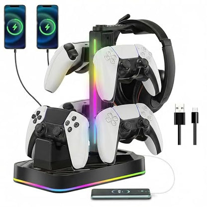 PS5 Controller Charger with Headphone Stand, RGB PS5 Controller Charging Station Dock with 3 USB Ports, Headset and Controllers Holder Stand for PlayStation 5 & DualSense Edge Controllers - size: Charger with Holder for PS5