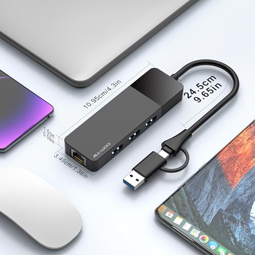 ALL-LUCKY USB to Ethernet Adapter, 4 in 1 USB C to Ethernet Adapter Hub with 3 x USB 3.0 Port/Gigabit Internet Port, High-Speed Network Hub Compatible for iMac,MacBook Pro - size: 1FT -4 in 1 USB A/C to Ethernet Adapte