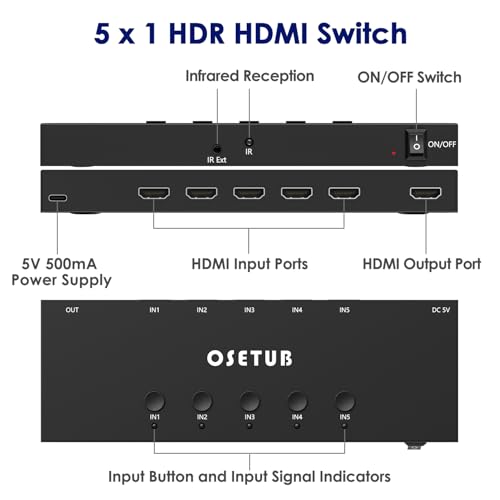 4K@60Hz 5 in 1 Out HDMI Switch, 5 Port HDMI Switcher Selector Support HDR10 & HDCP 2.2 & Full 3D with IR Remote Control Compitable with Nintendo Switch,Xbox PS5/4,Fire Stick,Roku,Apple TV for Gaming - size: 4K@60Hz 5 in 1 Out HDMI Switch Upgraded