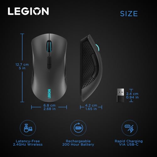 Lenovo Legion M600 RGB Wireless Gaming Mouse – 16,000 DPI, 9 Programmable Buttons, 200-Hour Battery Life, 50-Million Clicks Durability – Ambidextrous Computer Mouse (Black) - color: Iron Grey, size: Large | Ambidextrous, style: M600