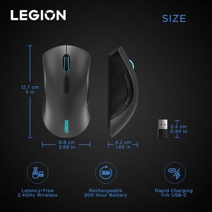 Lenovo Legion M600 RGB Wireless Gaming Mouse – 16,000 DPI, 9 Programmable Buttons, 200-Hour Battery Life, 50-Million Clicks Durability – Ambidextrous Computer Mouse (Black) - color: Iron Grey, size: Large | Ambidextrous, style: M600