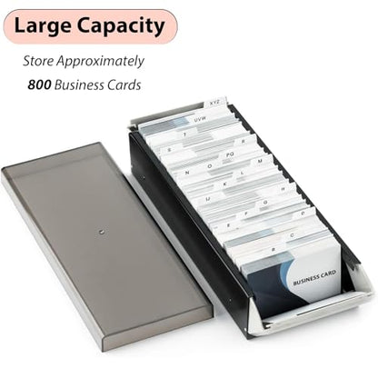 Business Card Holder with A-Z Tabs, Metal Organizer Box Stores 800 Cards | Stores Up to 800 Business Cards With A-Z Tabs, Metal Structure And Desk Organizer Design for Office Use.