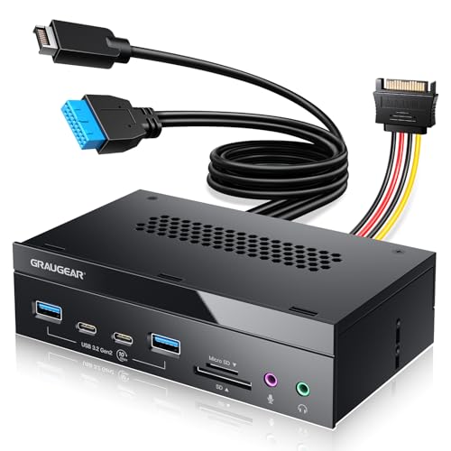 GRAUGEAR 5.25" PC Front Panel USB Hub - 10Gbps USB-C Ports, Dual USB 3.0, SD/microSD Card Reader, Audio Ports, Drive Bay Expansion for Desktop (Requires 20-Pin Type-E & 19-Pin USB Header)