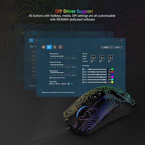 Womier Wired Gaming Mouse, 12800 DPI RGB Computer Mouse | Topographic with 7 Programmable Buttons&7 Backlit Modes,Software Supports DIY Black Gamer Mouse for Laptop Mac Windows,G706 - color: Y-Black