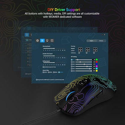 Womier Wired Gaming Mouse, 12800 DPI RGB Computer Mouse | Topographic with 7 Programmable Buttons&7 Backlit Modes,Software Supports DIY Black Gamer Mouse for Laptop Mac Windows,G706 - color: Y-Black