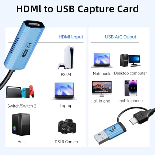 Video Capture Card with 100W PD Fast Charging, 4K 60Hz Input to 1080P 60FPS, HDMI to USB C/A, Best for Switch2/1 Steam Deck PS5 iPad & Quest 3, Pro OBS Streaming
