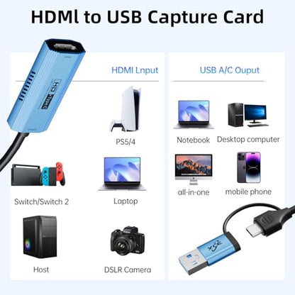 Video Capture Card with 100W PD Fast Charging, 4K 60Hz Input to 1080P 60FPS, HDMI to USB C/A, Best for Switch2/1 Steam Deck PS5 iPad & Quest 3, Pro OBS Streaming