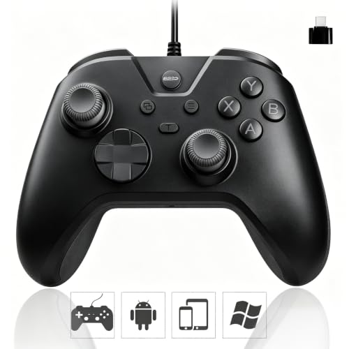 Joso Wired Gaming Controller with 1000Hz Polling Rate, USB Gamepad for Android, Switch, PC & PS4, Turbo and Adjustable Dual Vibration, 6.6-Foot Cable, USB C Adapter Included - color: Black