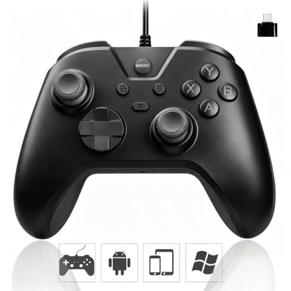 Joso Wired Gaming Controller with 1000Hz Polling Rate, USB Gamepad for Android, Switch, PC & PS4, Turbo and Adjustable Dual Vibration, 6.6-Foot Cable, USB C Adapter Included - color: Black