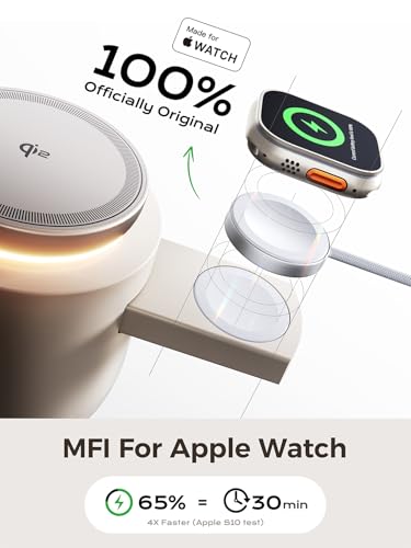 THREEKEY 4 in 1 Qi2 Magnetic Wireless Charging Station, 15W Fast Charger with Made for Apple Watch Charging Module, for iPhone 17–12 Series & AirPods, 65W Adapter Included - color: Sand