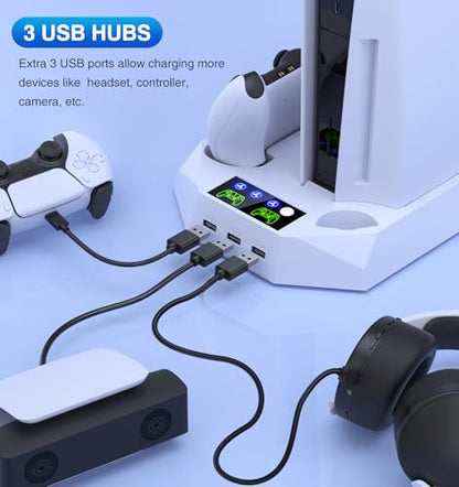 PS5/Slim/Pro Cooling Station for PlayStation 5 Console Disc/Digital Edition - PS5 Slim Pro Cooling Stand with Controller Charging Station Accessories-Cooler Fan/Headset Holder/3 USB Hub, White - color: 1-White