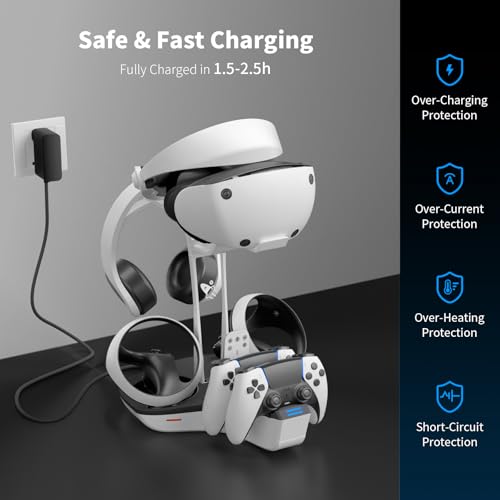 AceGamer Dual Charging Station for PS5 and VR2 Controllers, 4-In-1 Charging Dock for PS VR2 with VR Headset Display Stand, Headphone Holder, LED Lights & 3*Magnetic Connectors, Electronics Accessories